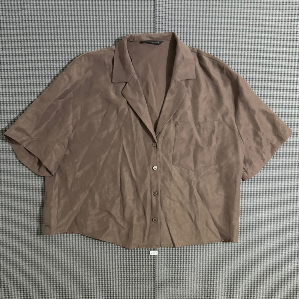 Zara Womens Brown Short Sleeve Button Up Shirt Size M Notched Lapel Pocket